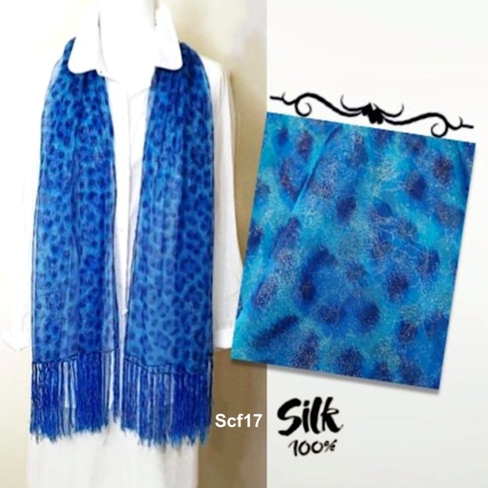 100% Silk Rectangle Scarf Sheer Blue Leopard Animal Print Silvery Dots Tassels